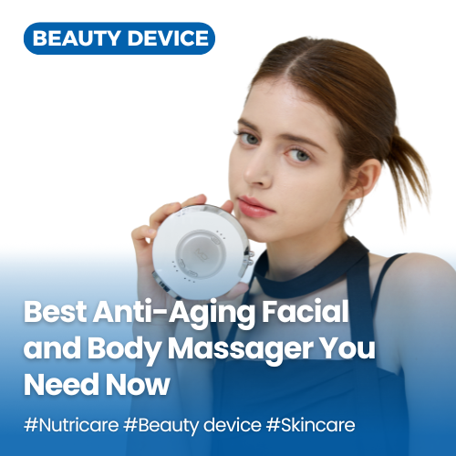 Woman using MDPLANNER MT5 korean anti-aging facial and body massager in South Korea